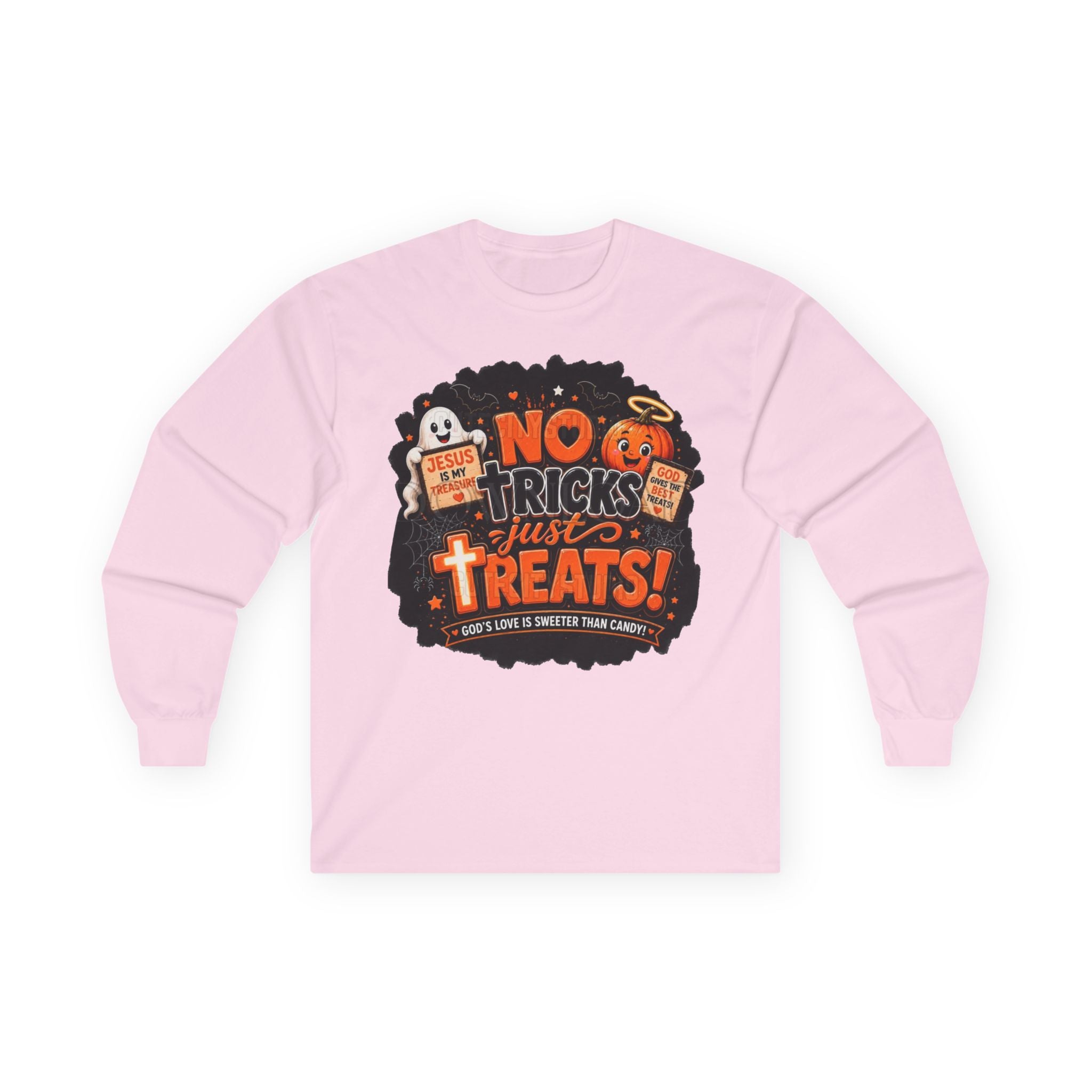 Halloween Long Sleeve Tee — "No Tricks Just Treats" Graphic Shirt