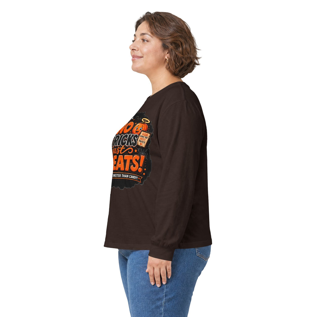 Halloween Long Sleeve Tee — "No Tricks Just Treats" Graphic Shirt