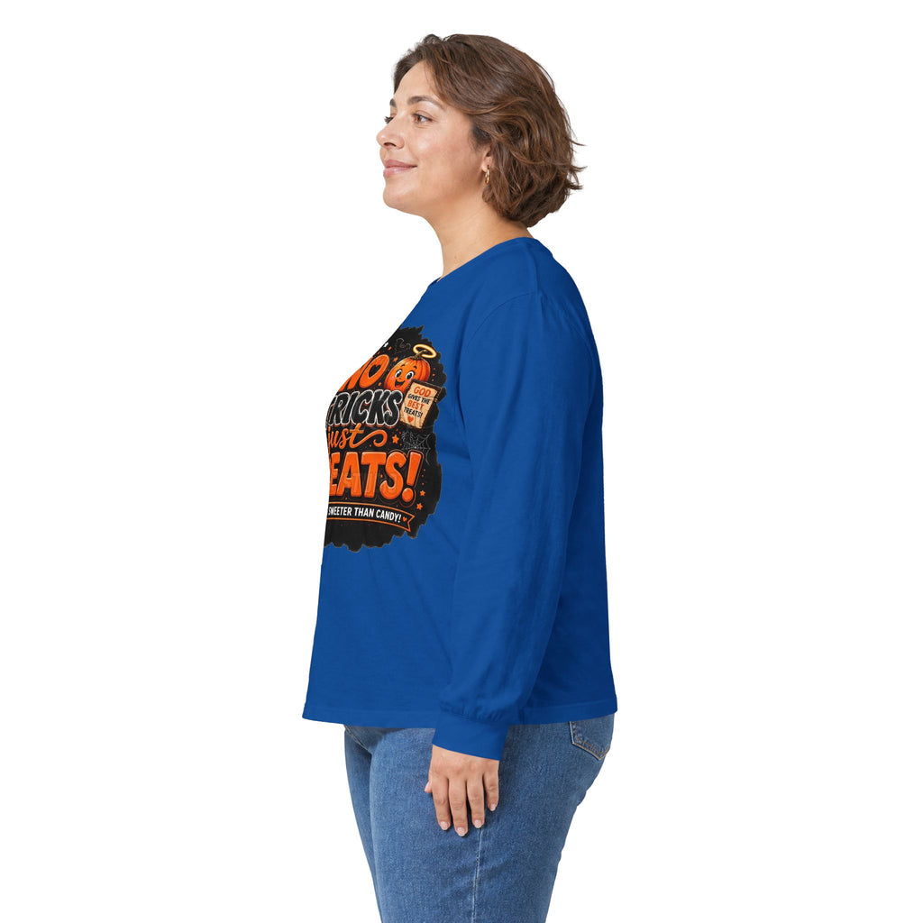 Halloween Long Sleeve Tee — "No Tricks Just Treats" Graphic Shirt