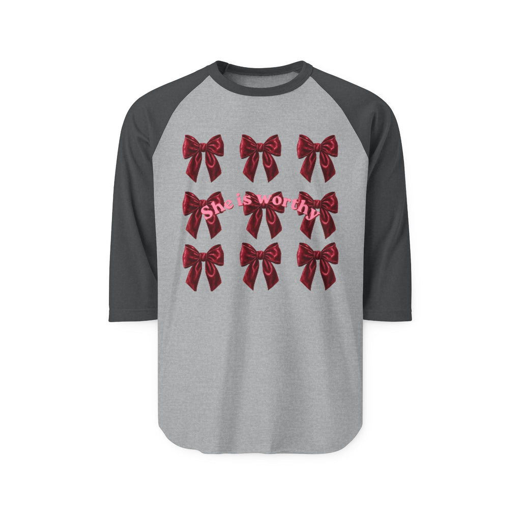 She Is Worthy Raglan Shirt – Empowerment Baseball Tee with Red Bows