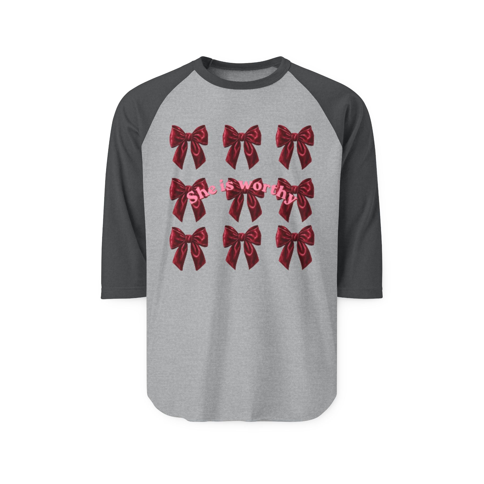 She Is Worthy Raglan Shirt – Empowerment Baseball Tee with Red Bows