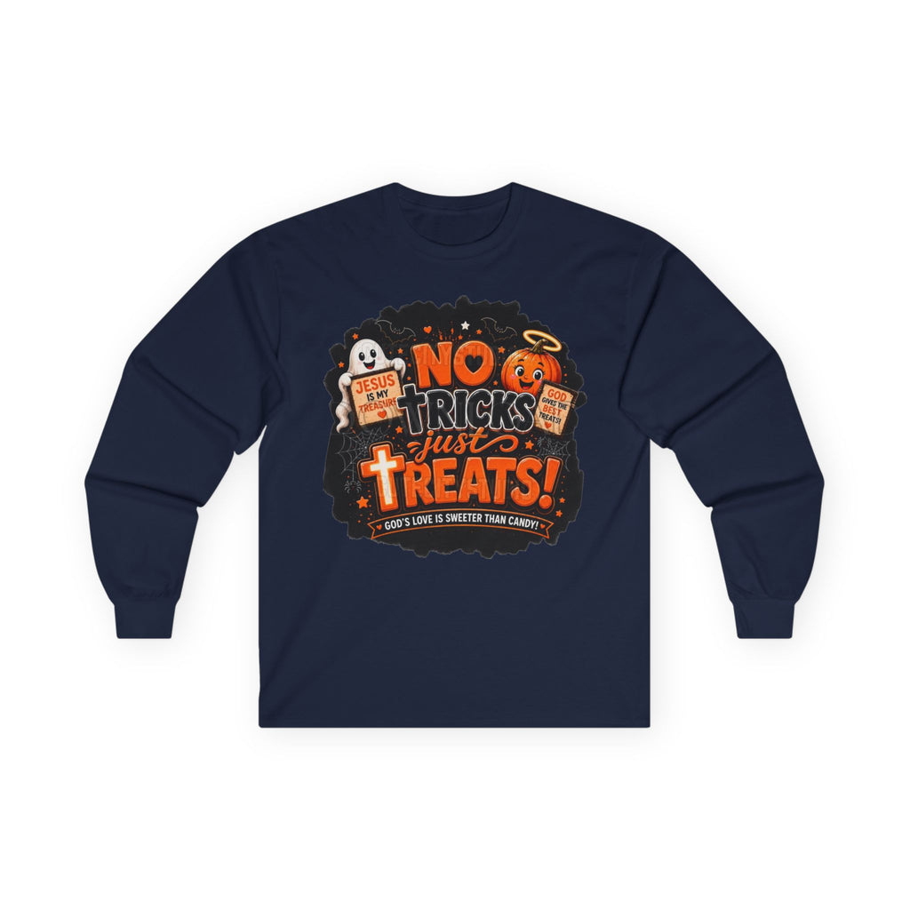 Halloween Long Sleeve Tee — "No Tricks Just Treats" Graphic Shirt