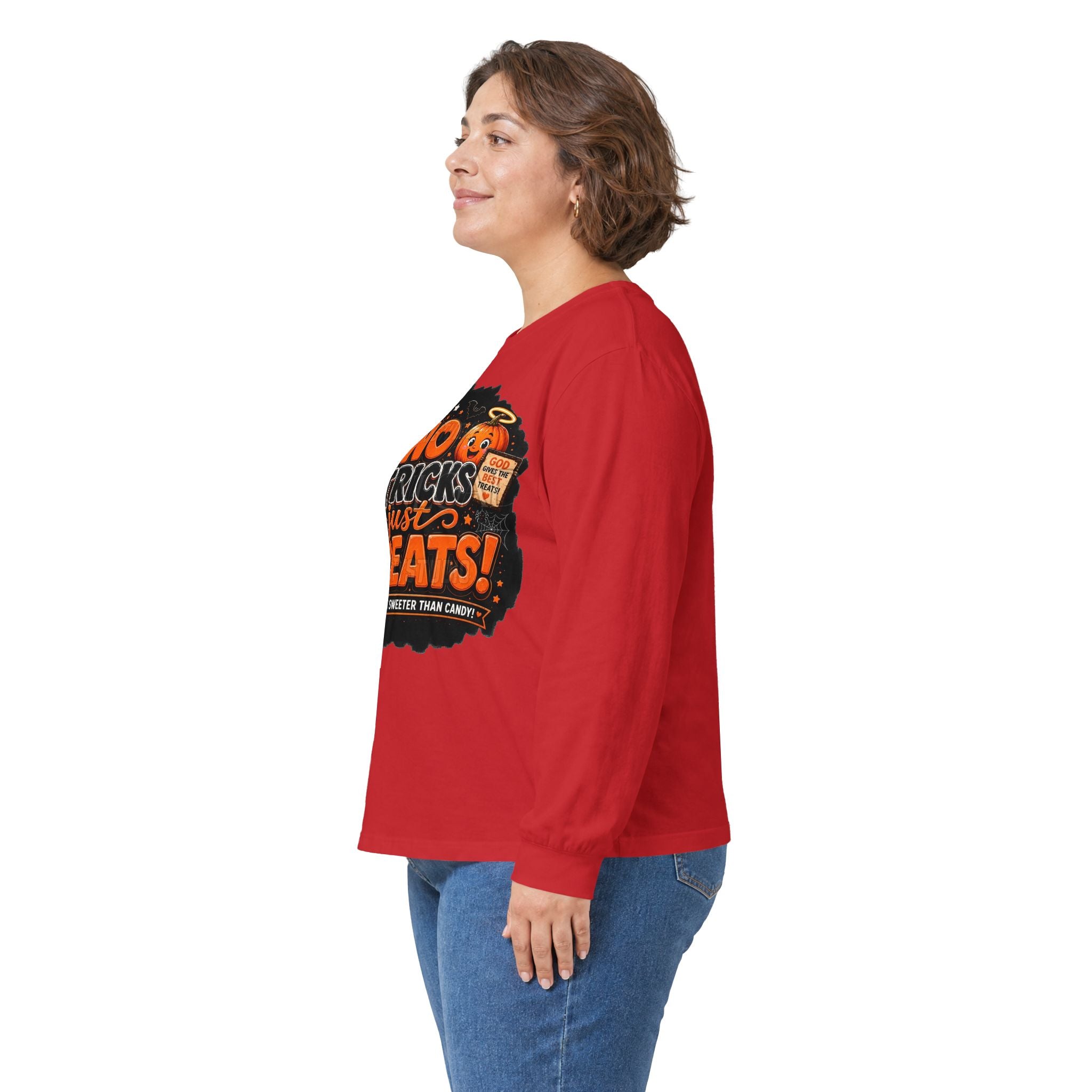 Halloween Long Sleeve Tee — "No Tricks Just Treats" Graphic Shirt
