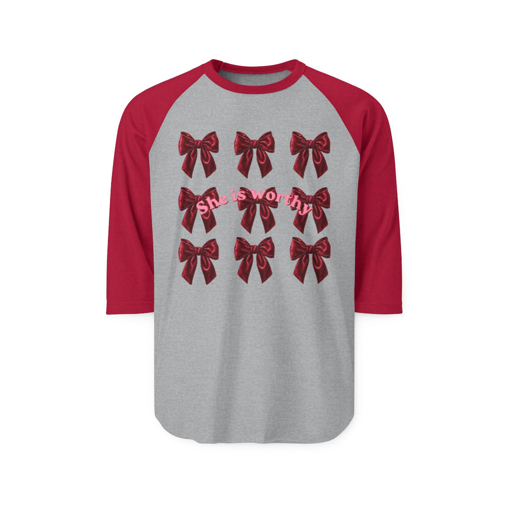 She Is Worthy Raglan Shirt – Empowerment Baseball Tee with Red Bows
