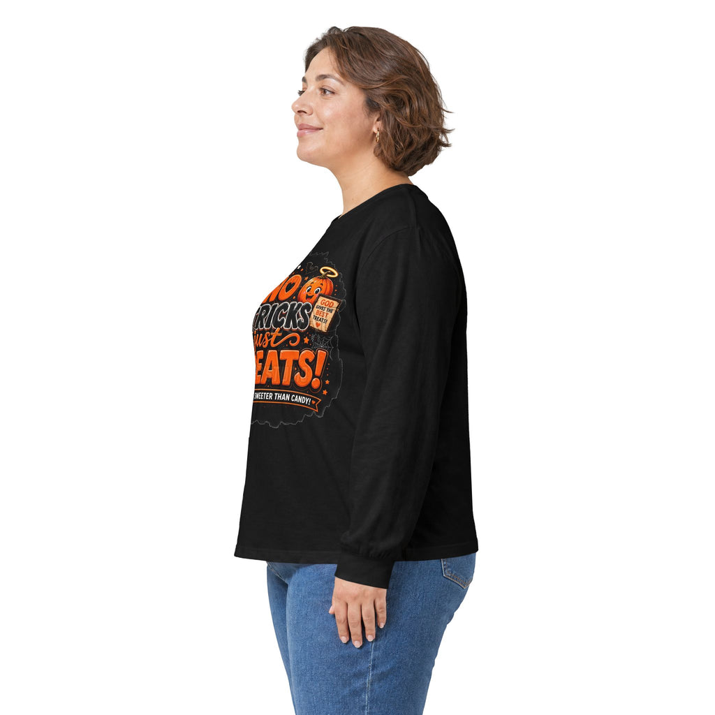 Halloween Long Sleeve Tee — "No Tricks Just Treats" Graphic Shirt