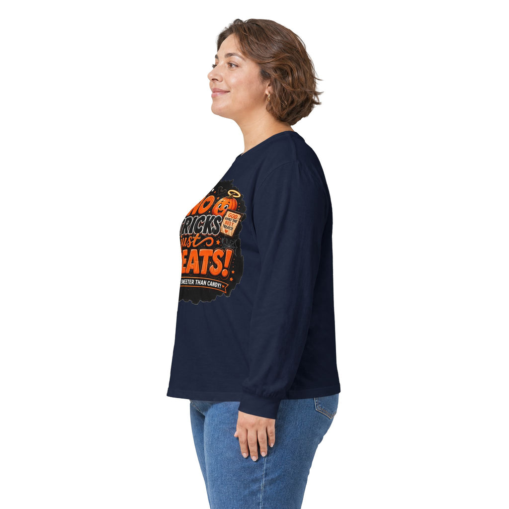Halloween Long Sleeve Tee — "No Tricks Just Treats" Graphic Shirt