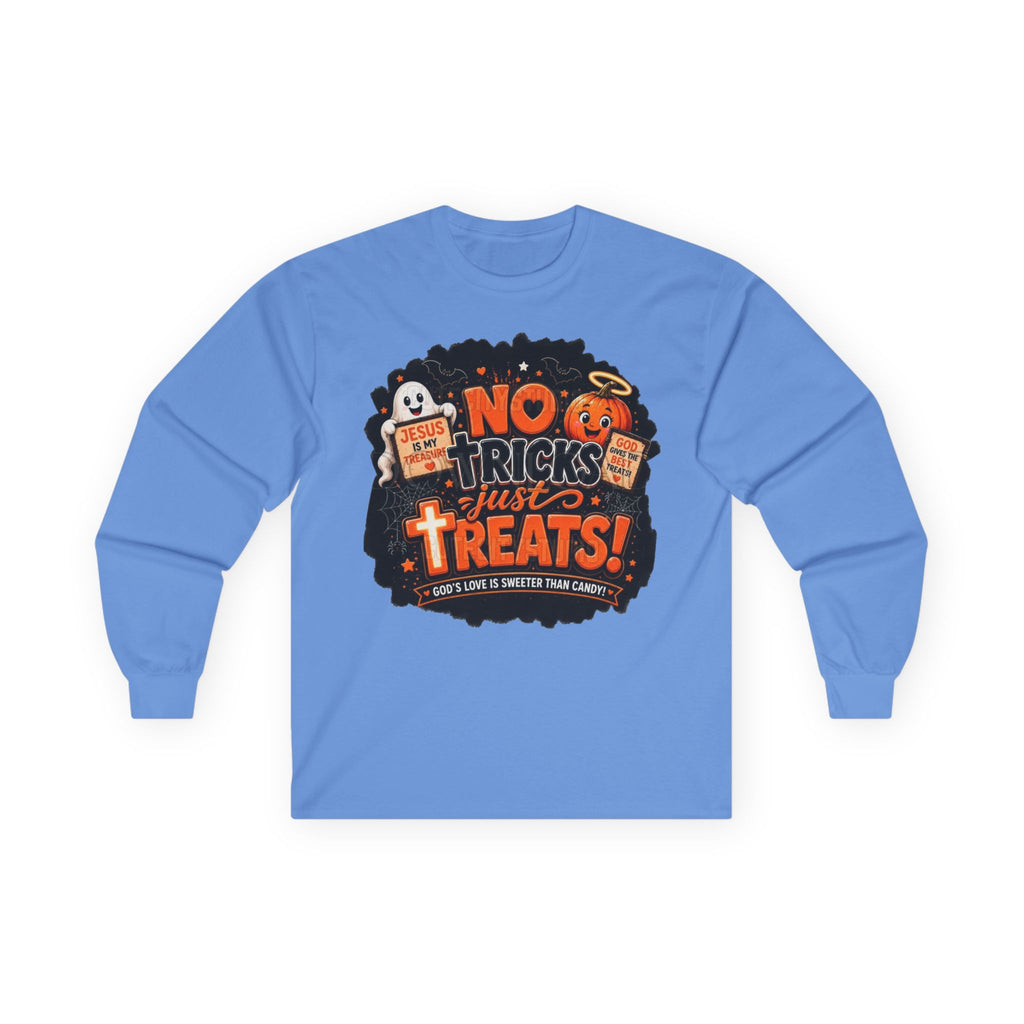 Halloween Long Sleeve Tee — "No Tricks Just Treats" Graphic Shirt