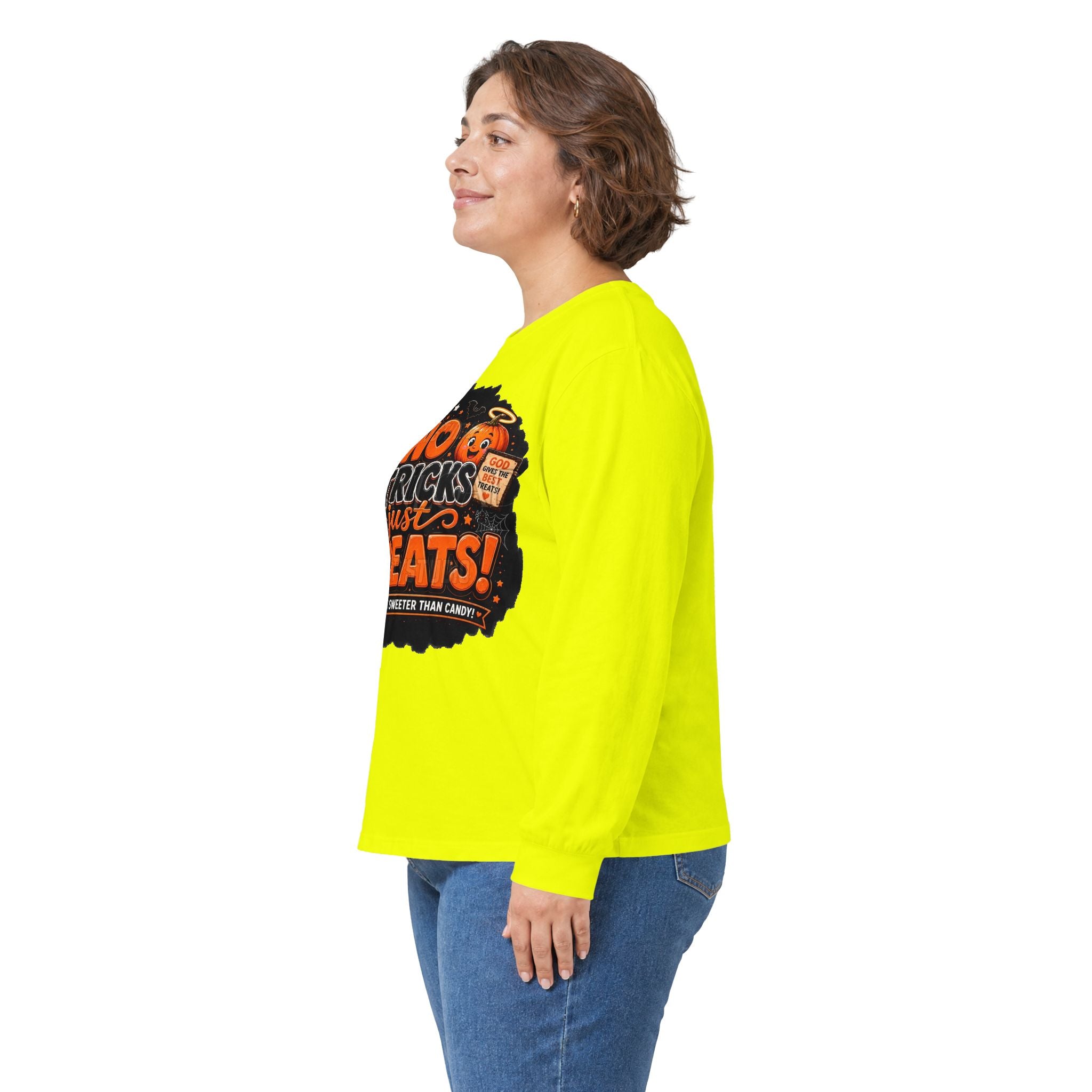 Halloween Long Sleeve Tee — "No Tricks Just Treats" Graphic Shirt
