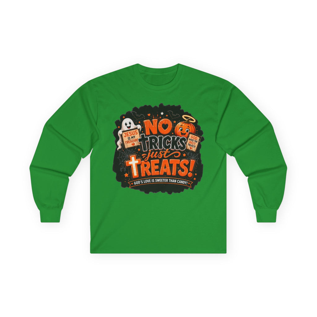 Halloween Long Sleeve Tee — "No Tricks Just Treats" Graphic Shirt