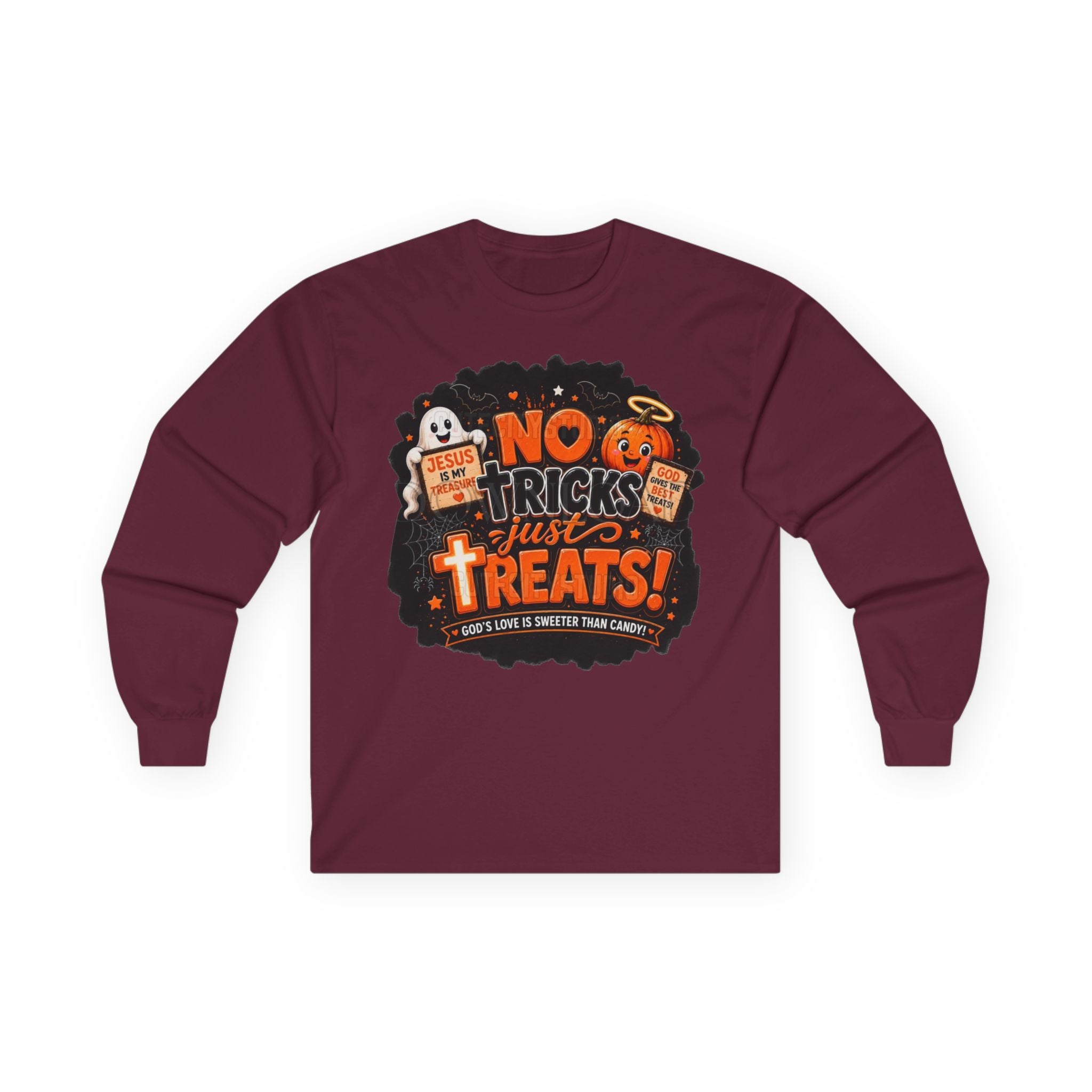 Halloween Long Sleeve Tee — "No Tricks Just Treats" Graphic Shirt