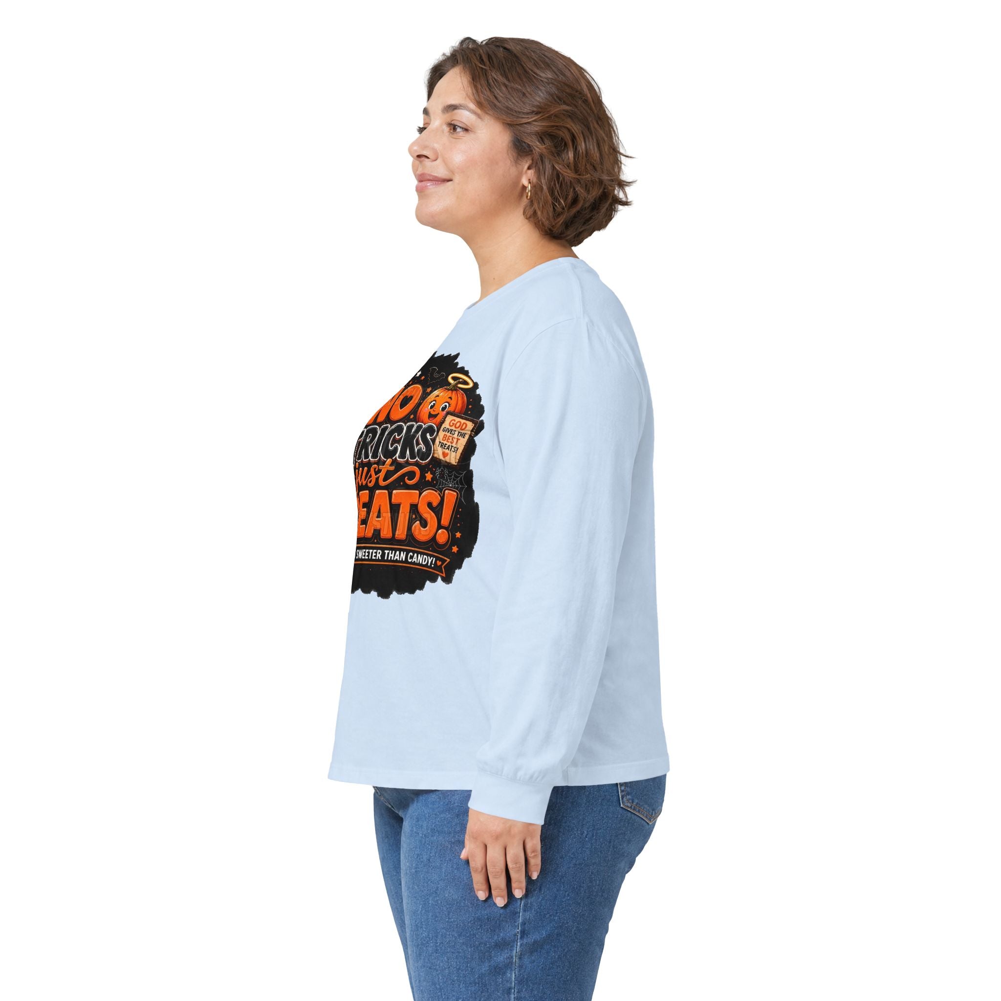 Halloween Long Sleeve Tee — "No Tricks Just Treats" Graphic Shirt