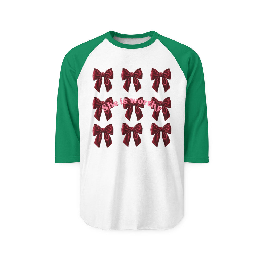 She Is Worthy Raglan Shirt – Empowerment Baseball Tee with Red Bows