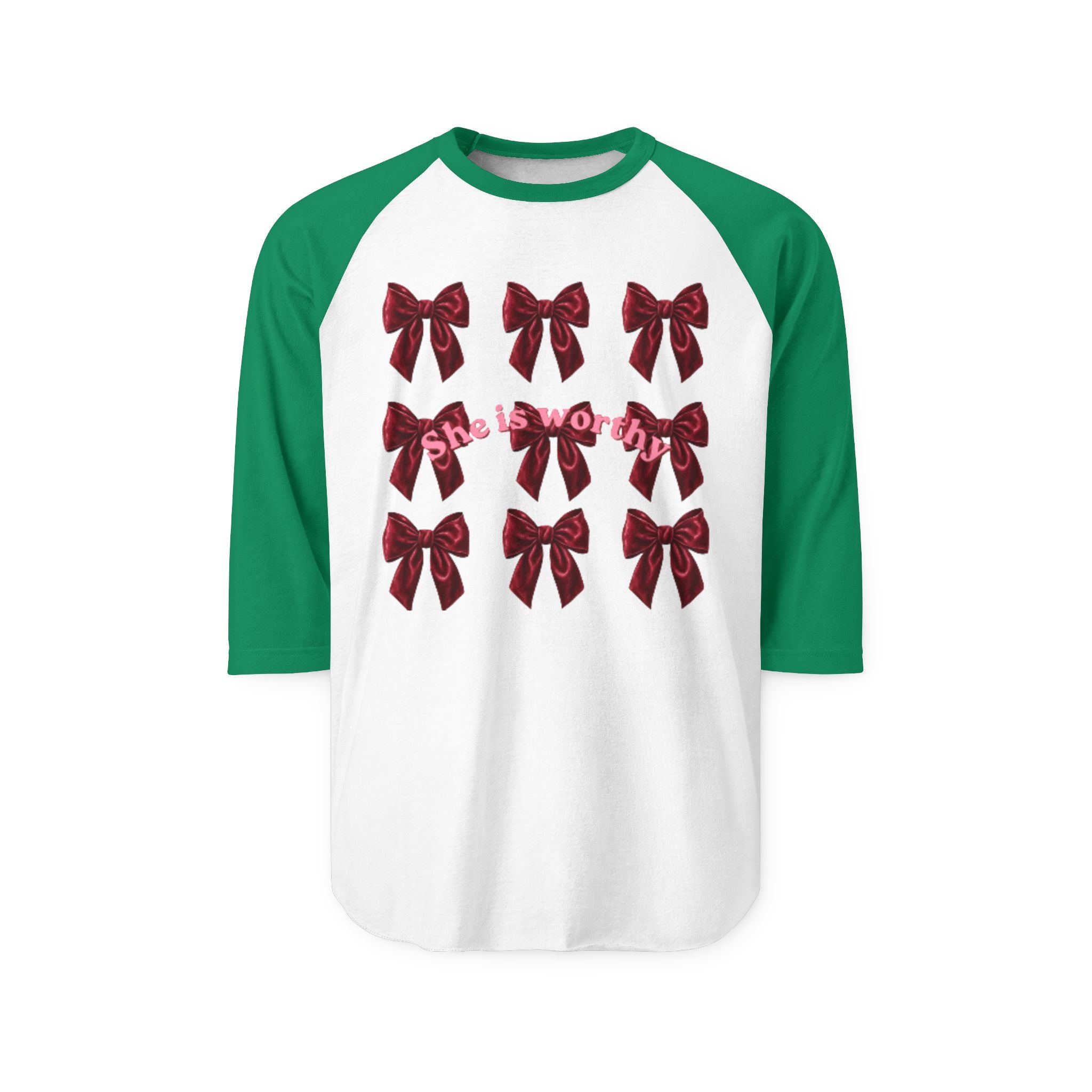 She Is Worthy Raglan Shirt – Empowerment Baseball Tee with Red Bows