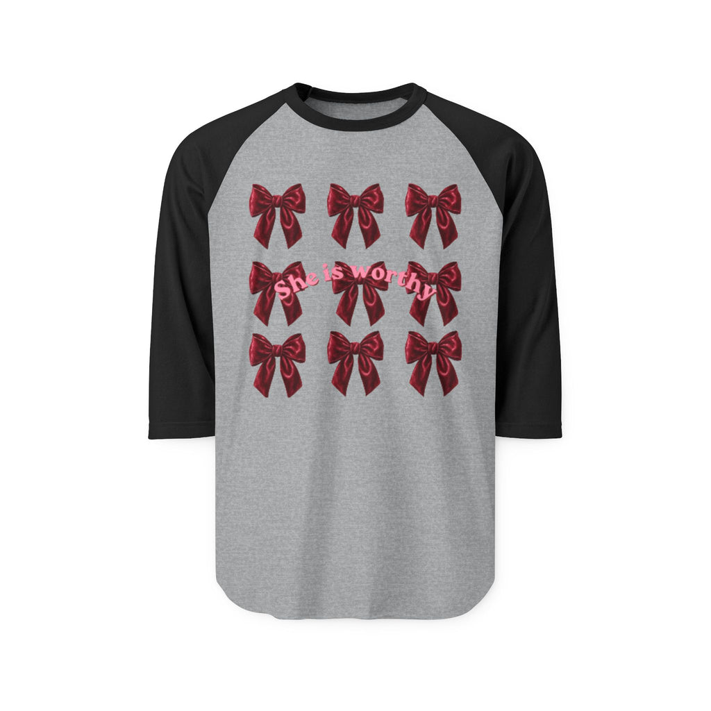 She Is Worthy Raglan Shirt – Empowerment Baseball Tee with Red Bows