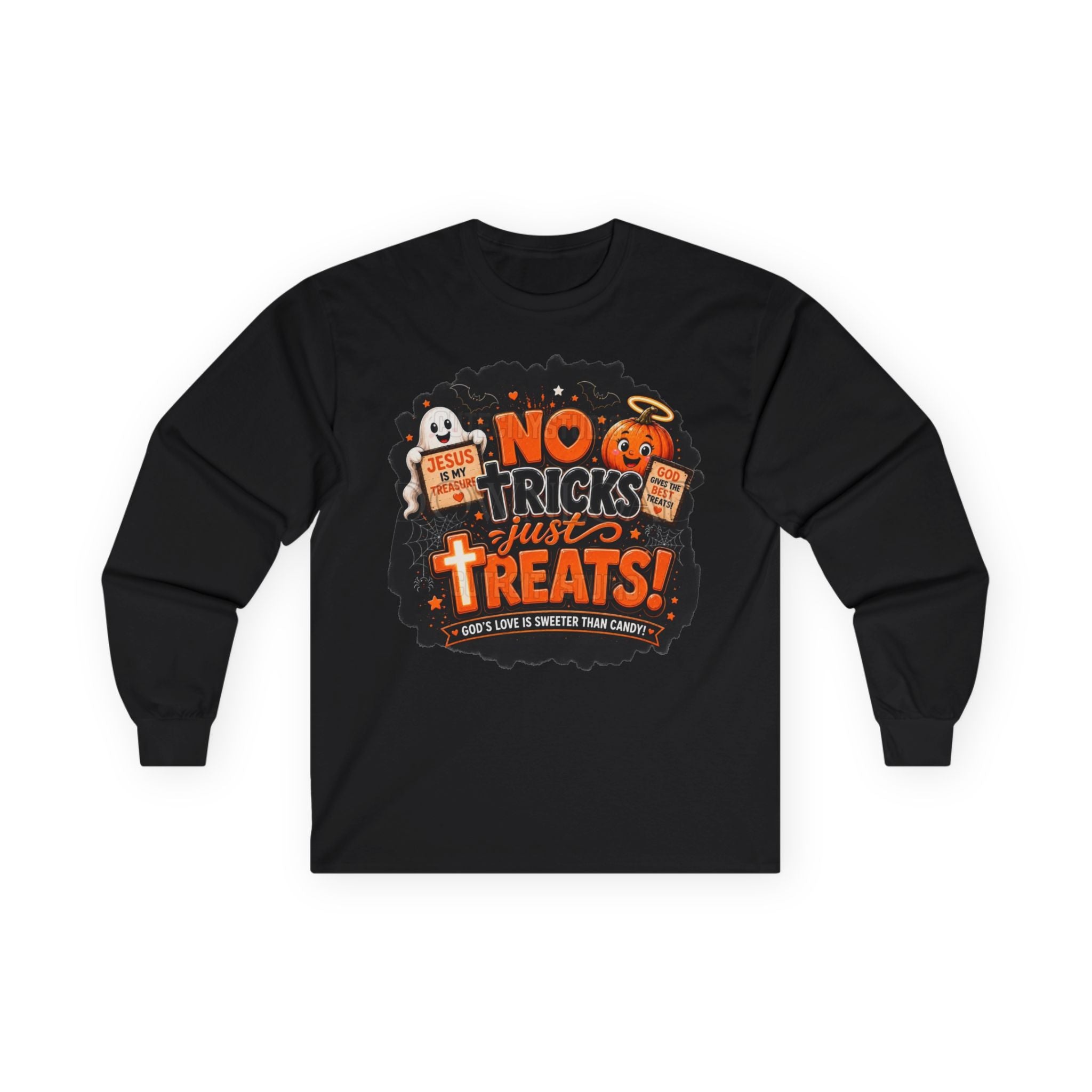 Halloween Long Sleeve Tee — "No Tricks Just Treats" Graphic Shirt
