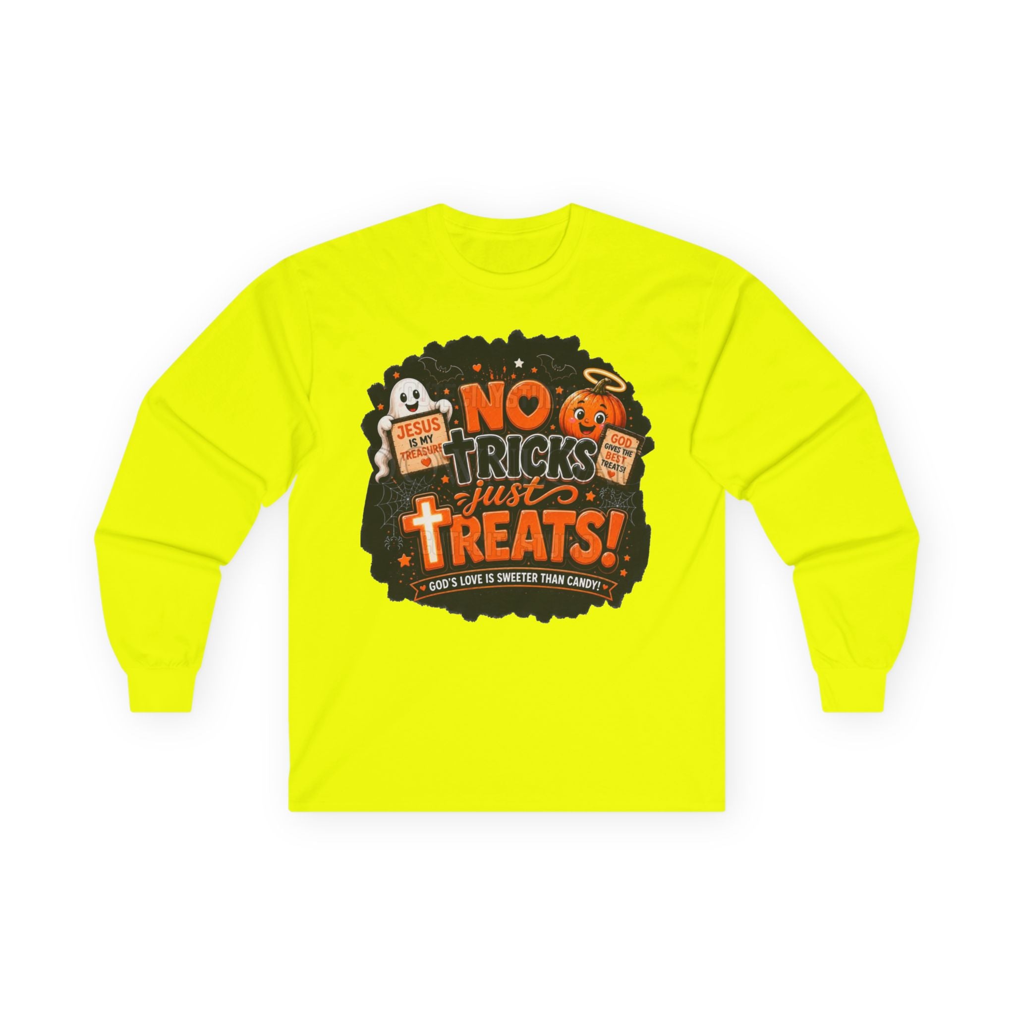 Halloween Long Sleeve Tee — "No Tricks Just Treats" Graphic Shirt