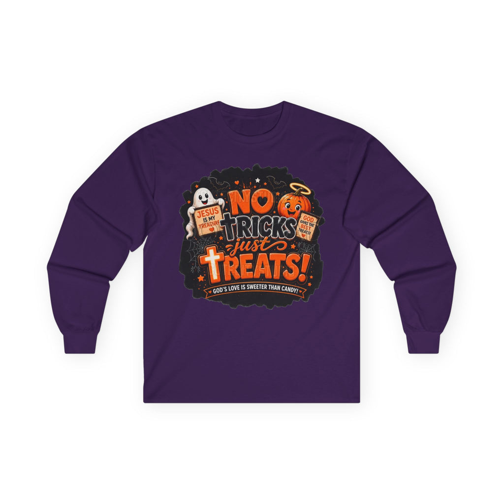 Halloween Long Sleeve Tee — "No Tricks Just Treats" Graphic Shirt