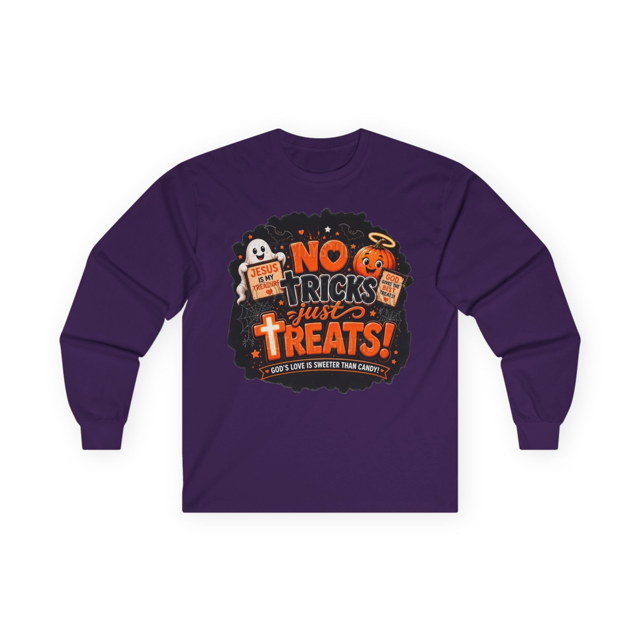 Halloween Long Sleeve Tee — "No Tricks Just Treats" Graphic Shirt