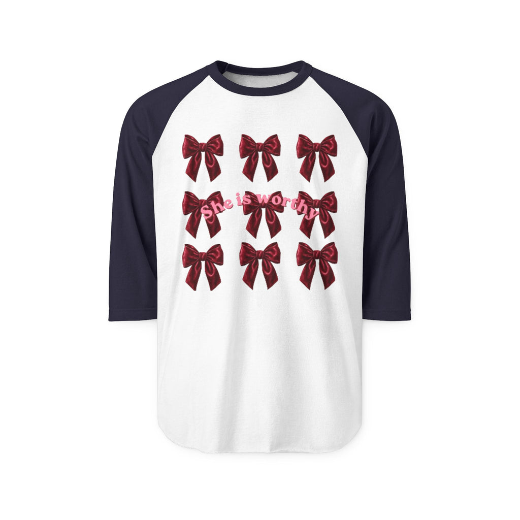 She Is Worthy Raglan Shirt – Empowerment Baseball Tee with Red Bows