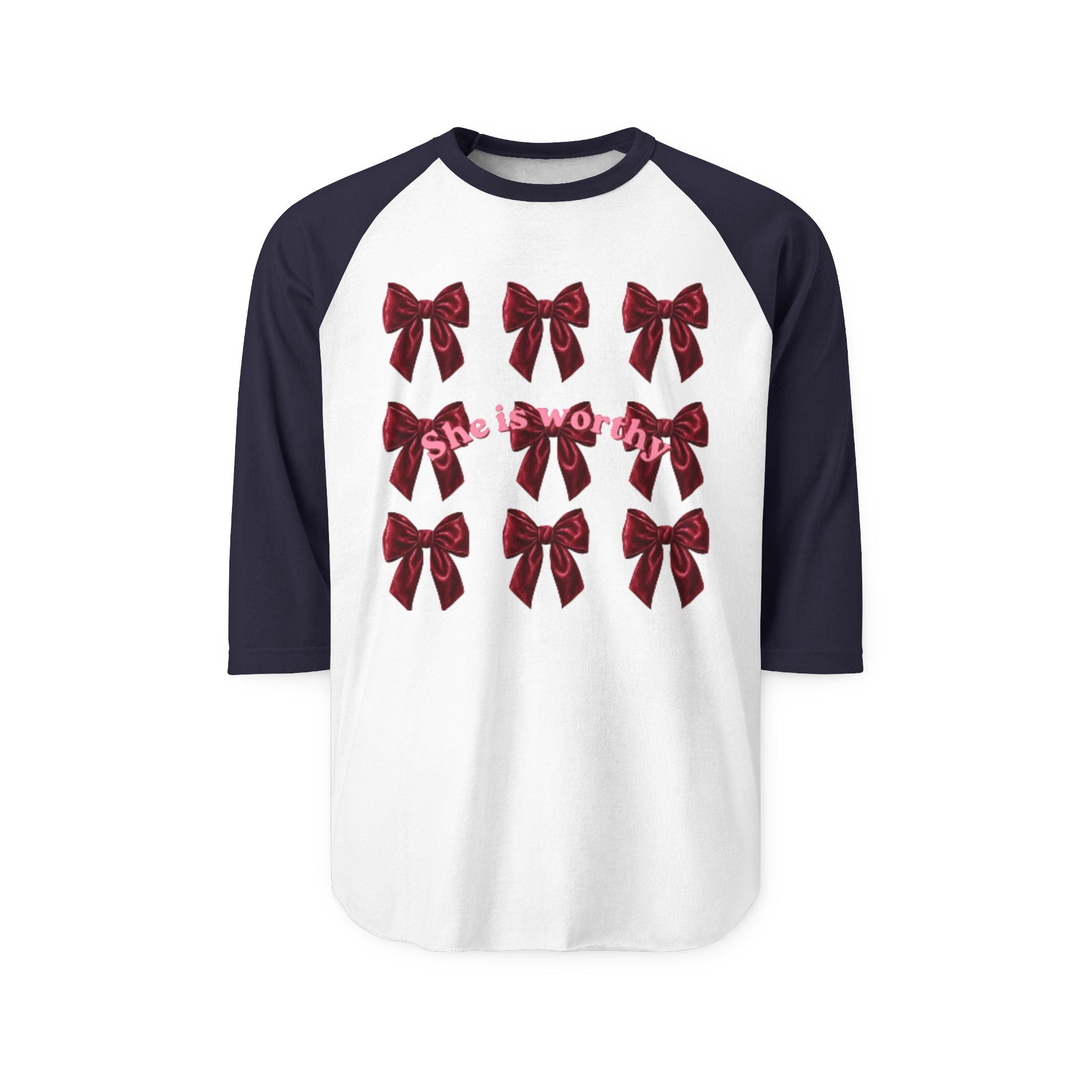 She Is Worthy Raglan Shirt – Empowerment Baseball Tee with Red Bows