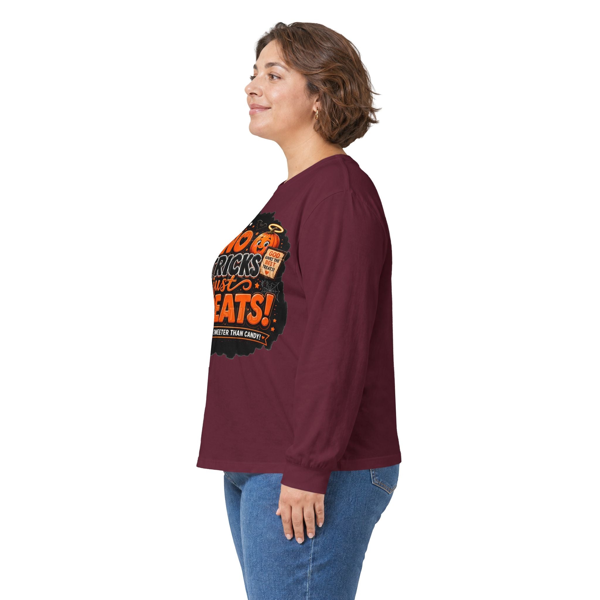 Halloween Long Sleeve Tee — "No Tricks Just Treats" Graphic Shirt