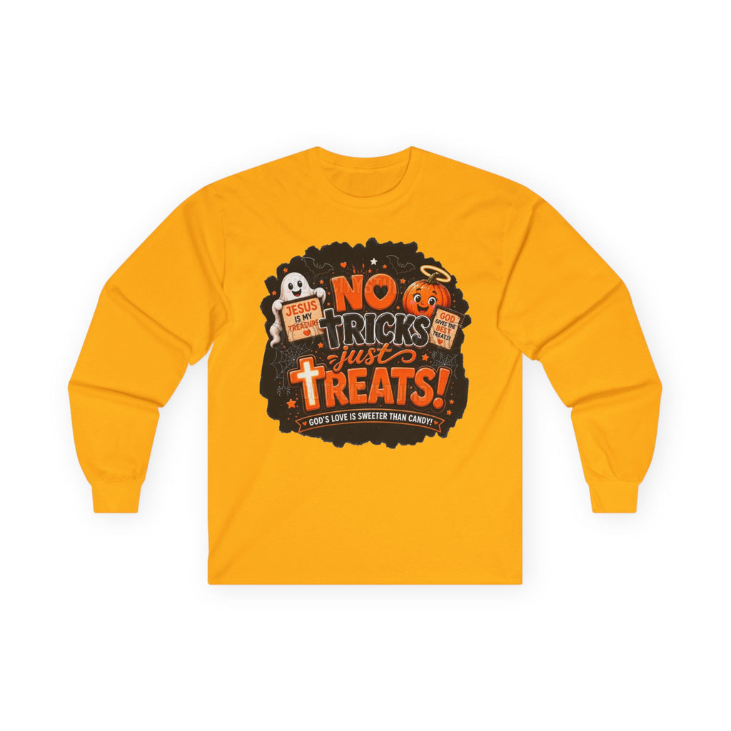 Halloween Long Sleeve Tee — "No Tricks Just Treats" Graphic Shirt