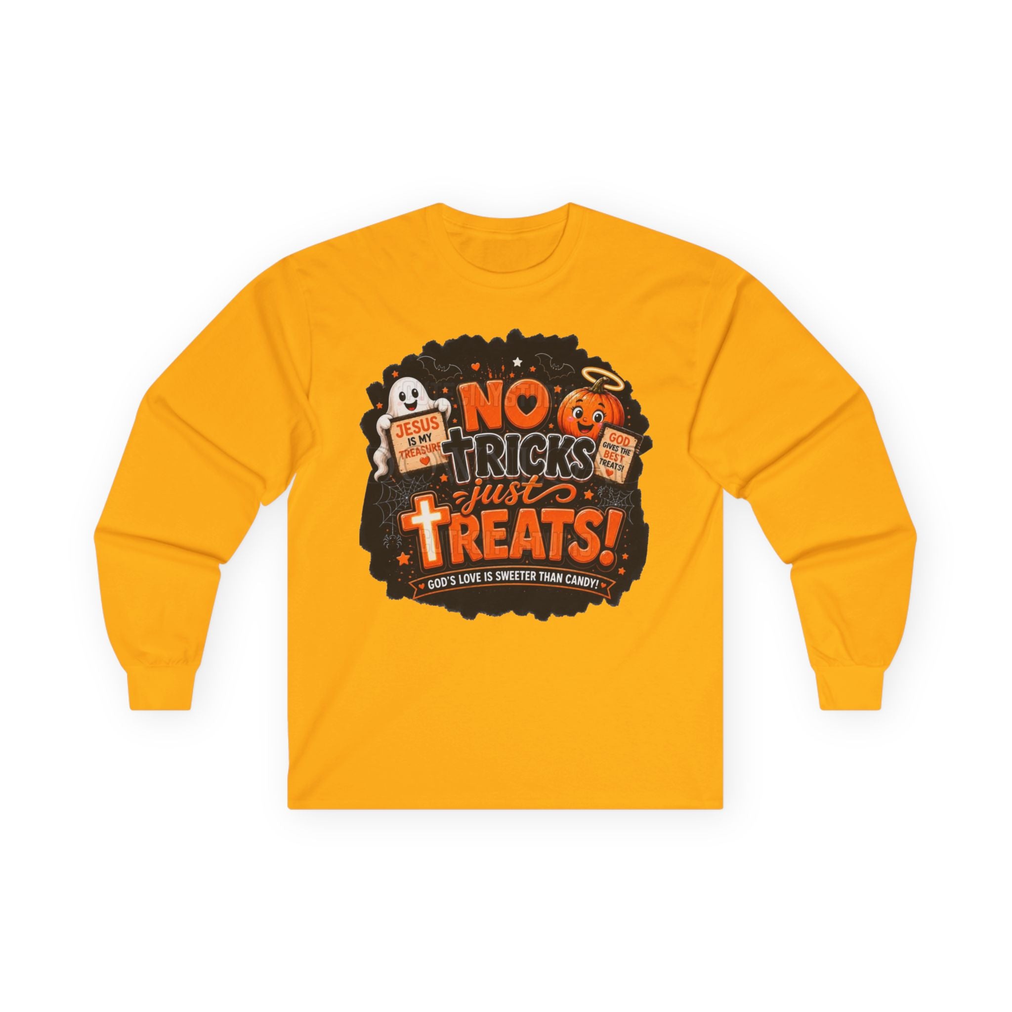 Halloween Long Sleeve Tee — "No Tricks Just Treats" Graphic Shirt