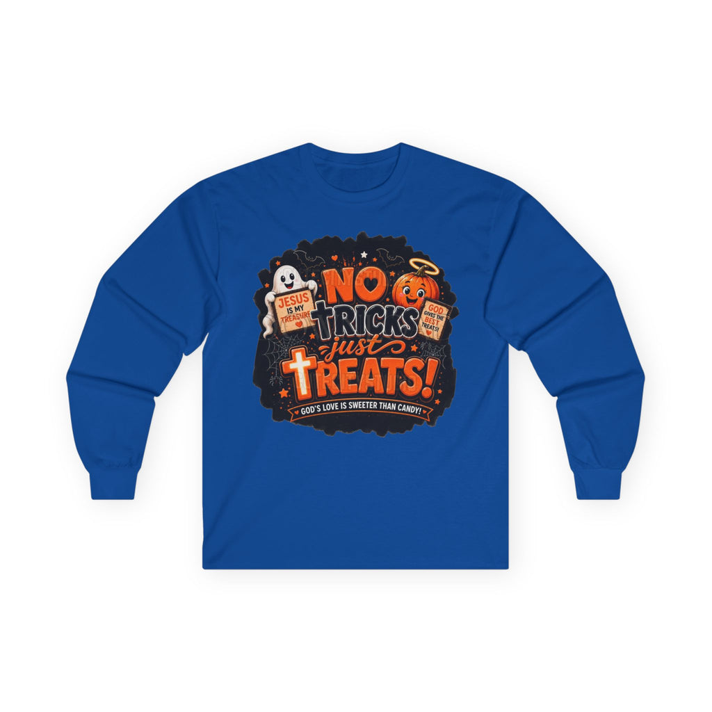 Halloween Long Sleeve Tee — "No Tricks Just Treats" Graphic Shirt