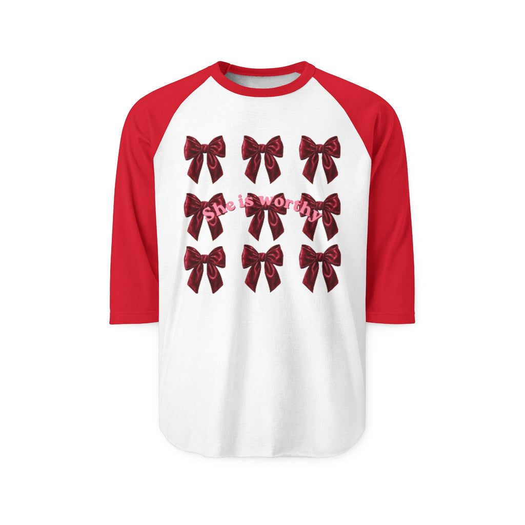She Is Worthy Raglan Shirt – Empowerment Baseball Tee with Red Bows