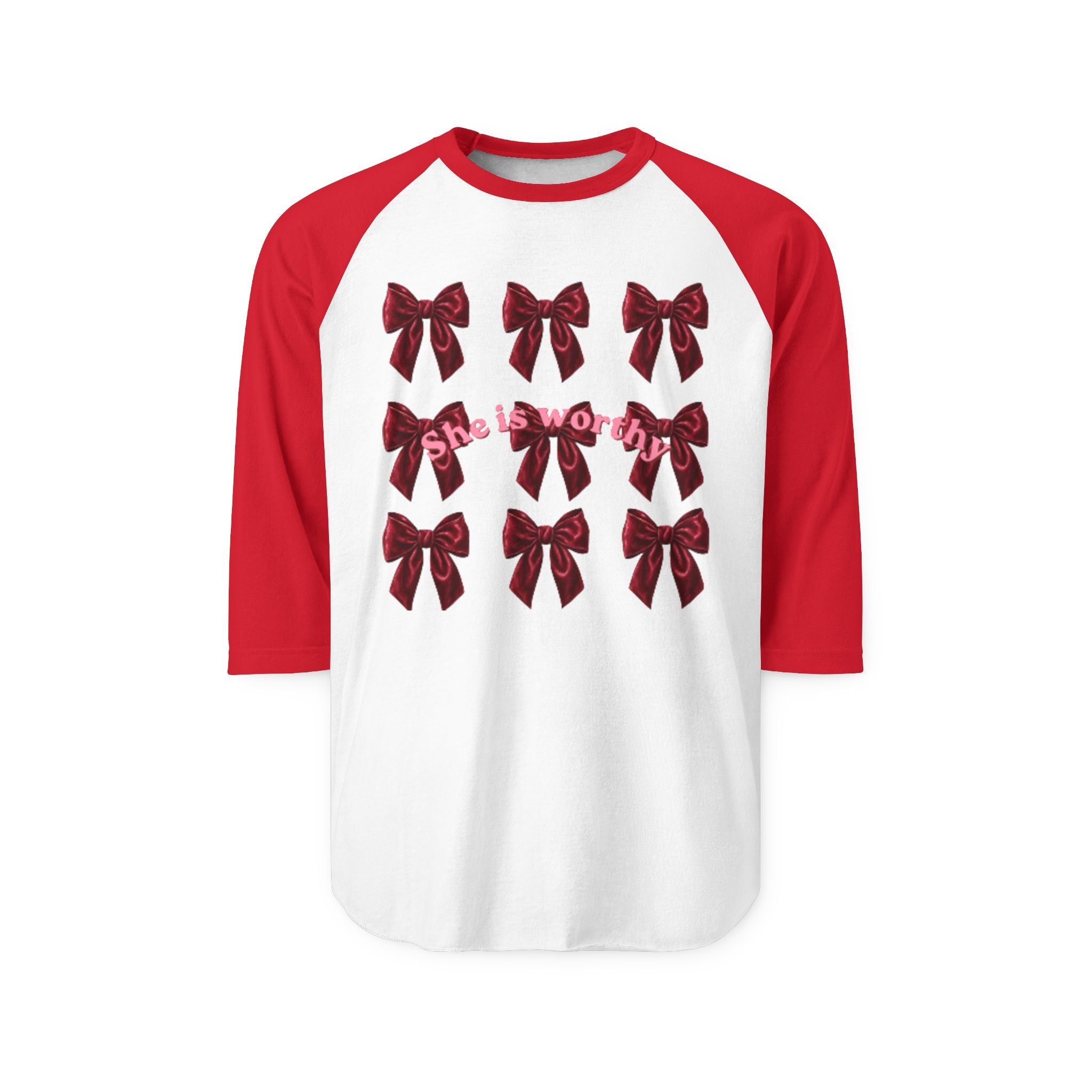 She Is Worthy Raglan Shirt – Empowerment Baseball Tee with Red Bows