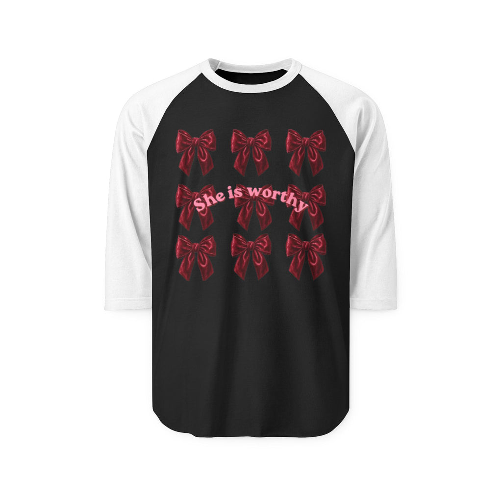She Is Worthy Raglan Shirt – Empowerment Baseball Tee with Red Bows