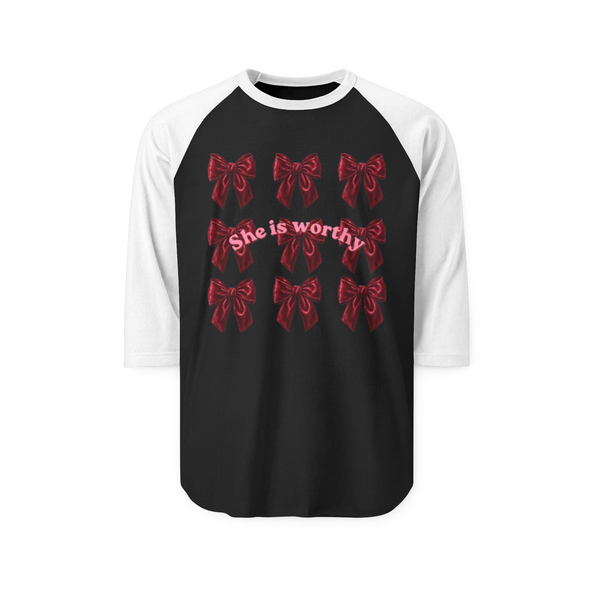She Is Worthy Raglan Shirt – Empowerment Baseball Tee with Red Bows