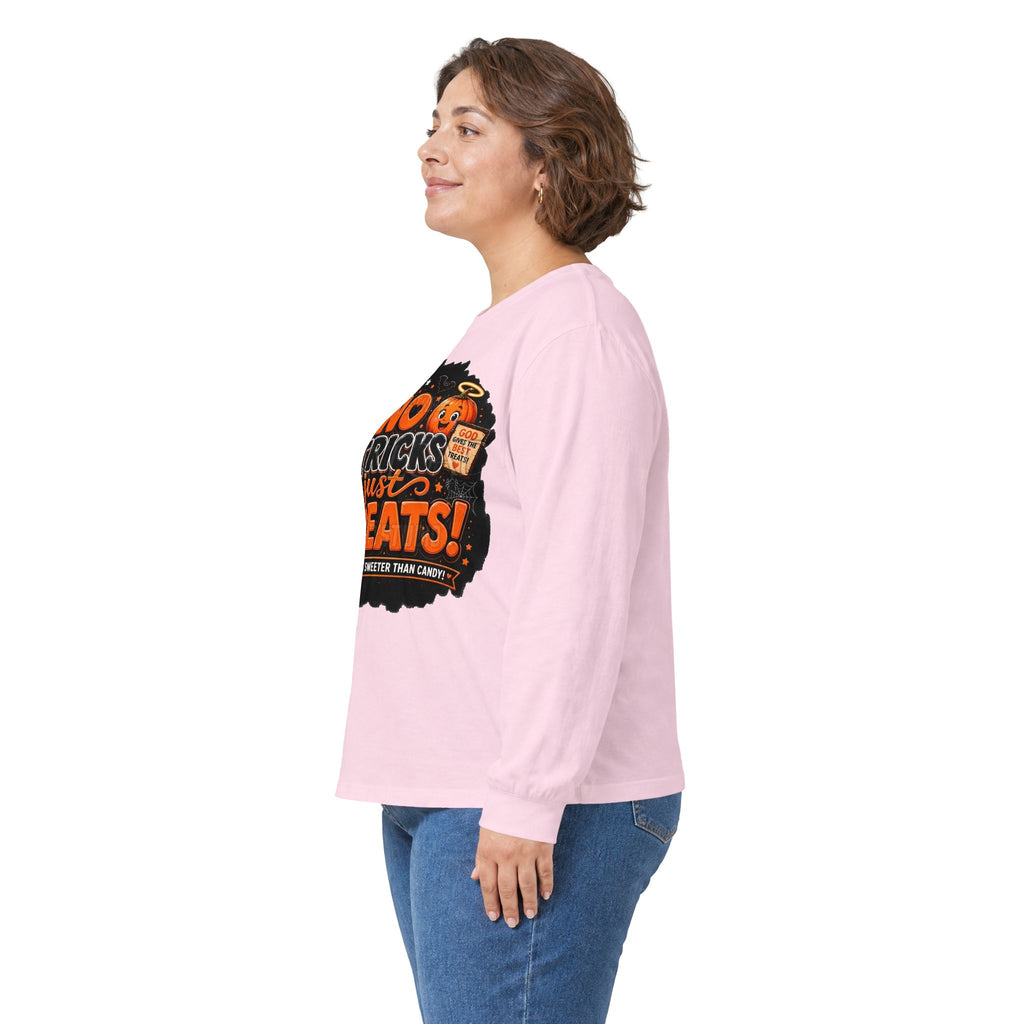 Halloween Long Sleeve Tee — "No Tricks Just Treats" Graphic Shirt