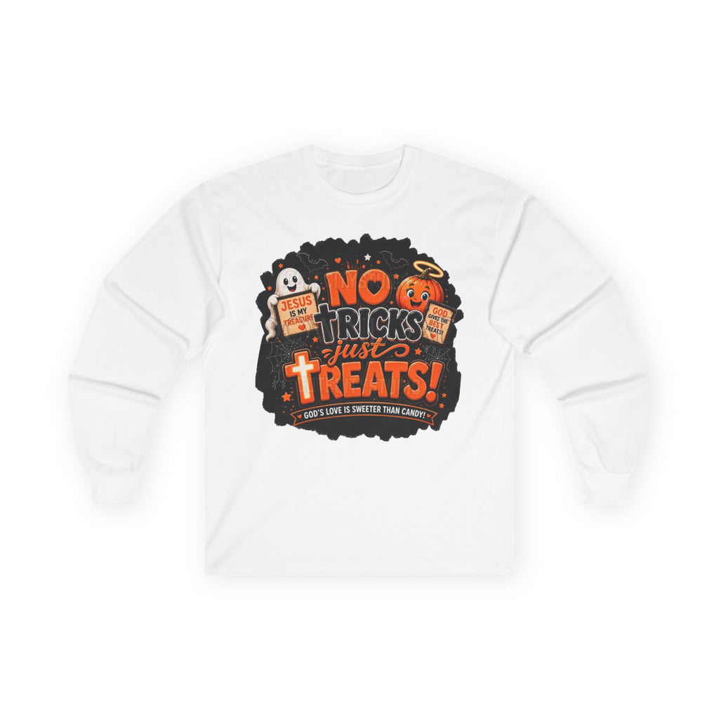 Halloween Long Sleeve Tee — "No Tricks Just Treats" Graphic Shirt