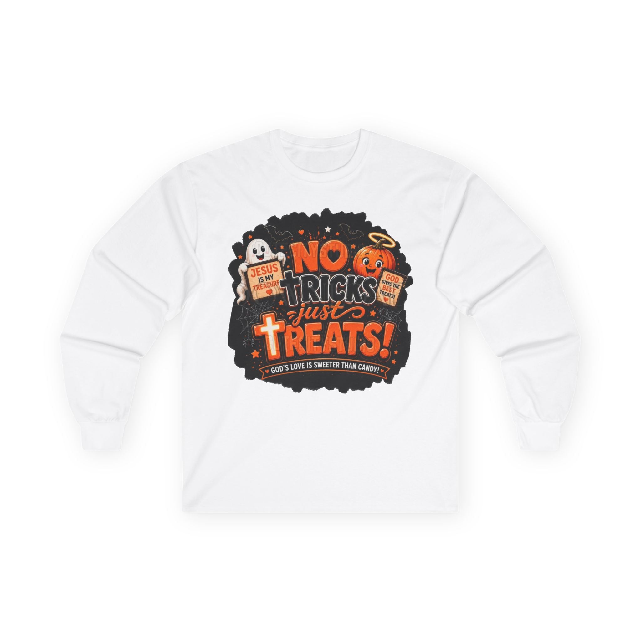Halloween Long Sleeve Tee — "No Tricks Just Treats" Graphic Shirt