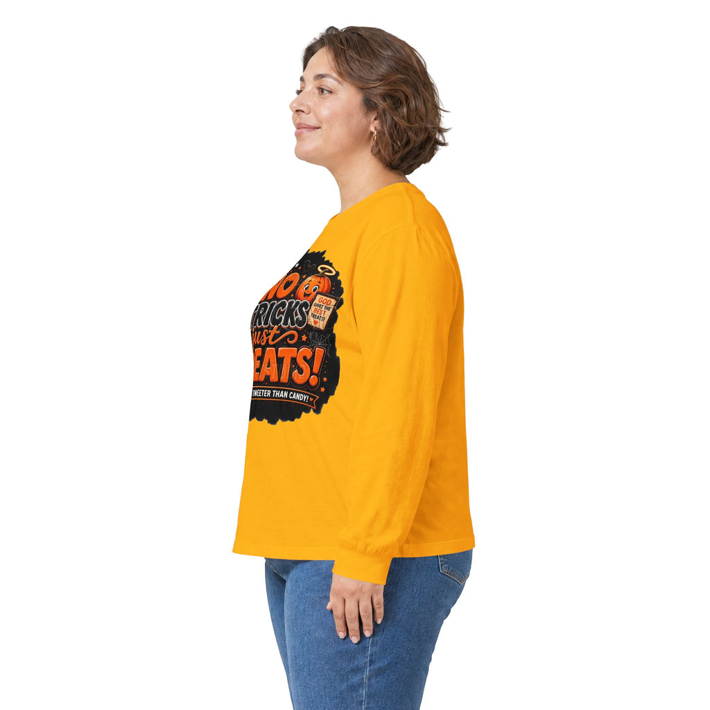 Halloween Long Sleeve Tee — "No Tricks Just Treats" Graphic Shirt