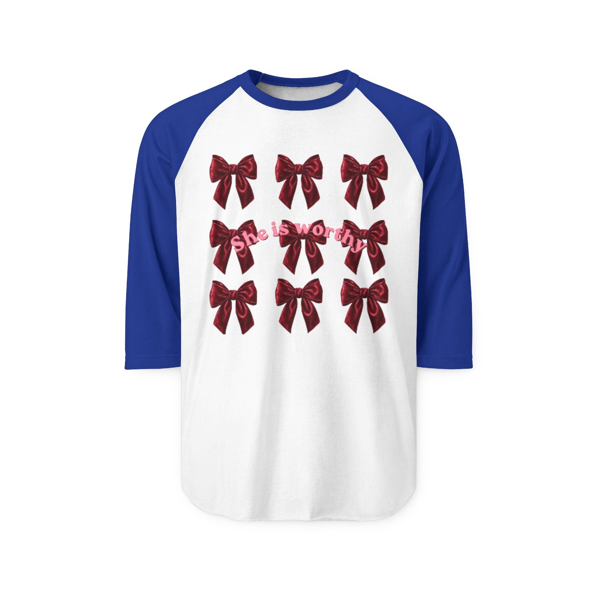 She Is Worthy Raglan Shirt – Empowerment Baseball Tee with Red Bows