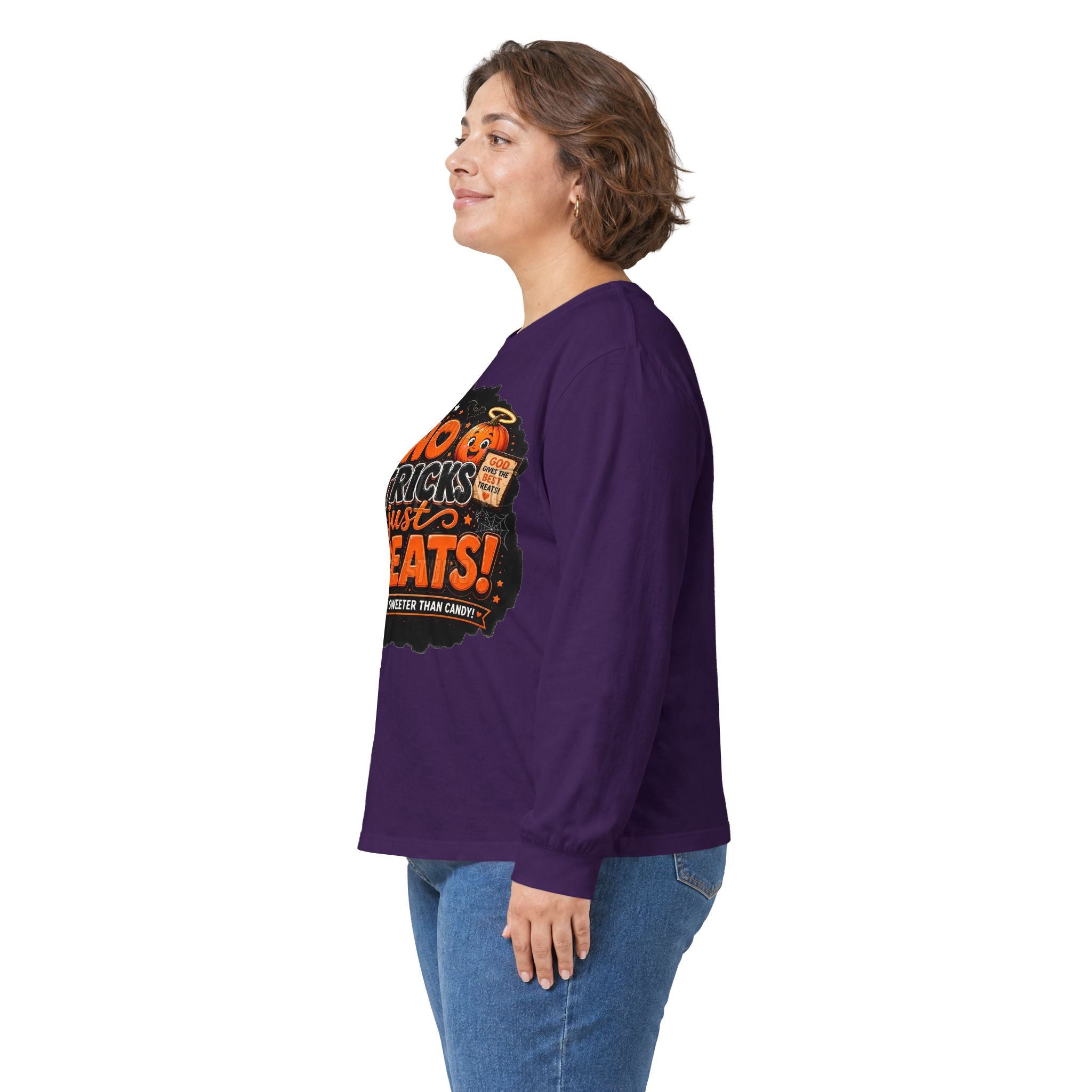 Halloween Long Sleeve Tee — "No Tricks Just Treats" Graphic Shirt