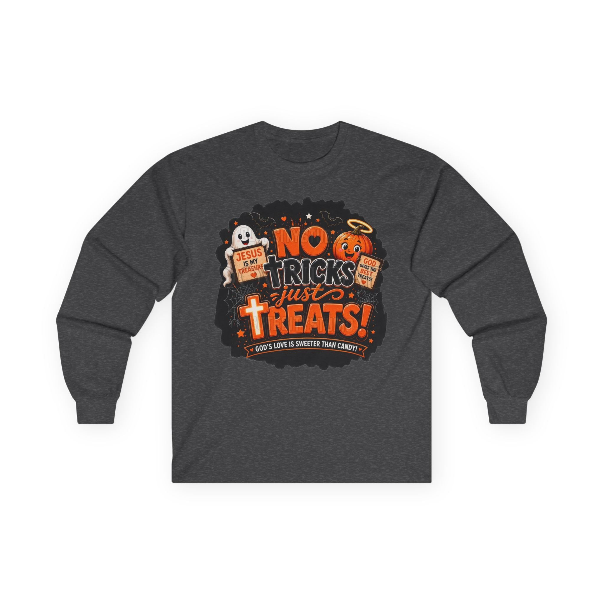Halloween Long Sleeve Tee — "No Tricks Just Treats" Graphic Shirt
