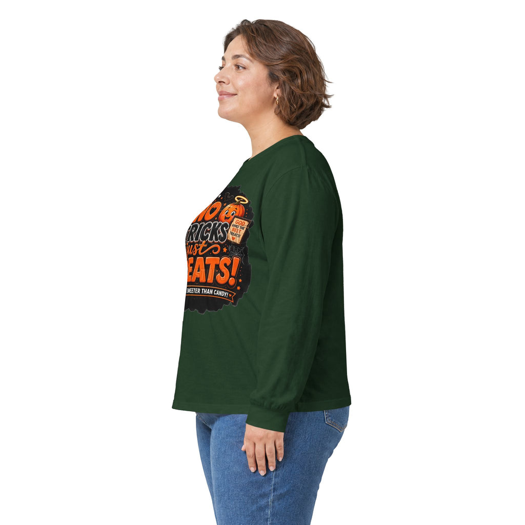 Halloween Long Sleeve Tee — "No Tricks Just Treats" Graphic Shirt