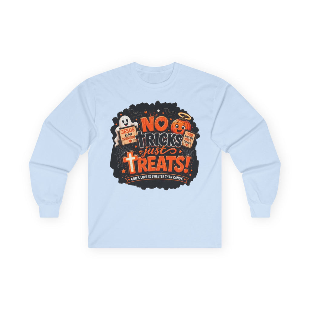 Halloween Long Sleeve Tee — "No Tricks Just Treats" Graphic Shirt