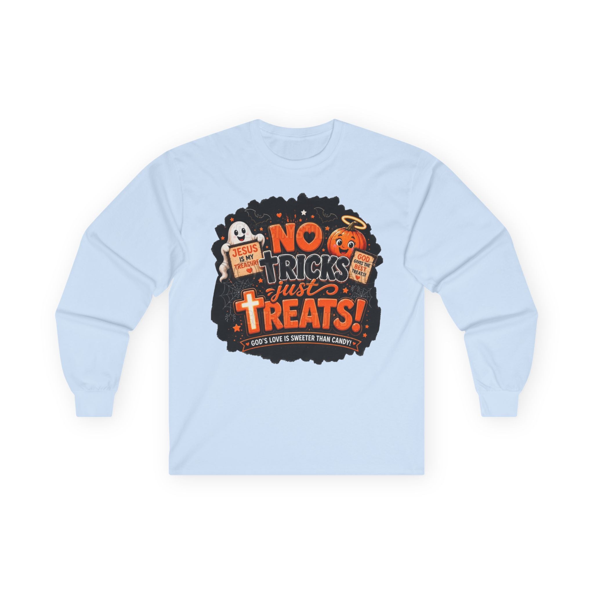 Halloween Long Sleeve Tee — "No Tricks Just Treats" Graphic Shirt