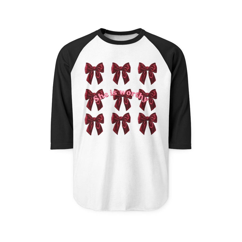 She Is Worthy Raglan Shirt – Empowerment Baseball Tee with Red Bows