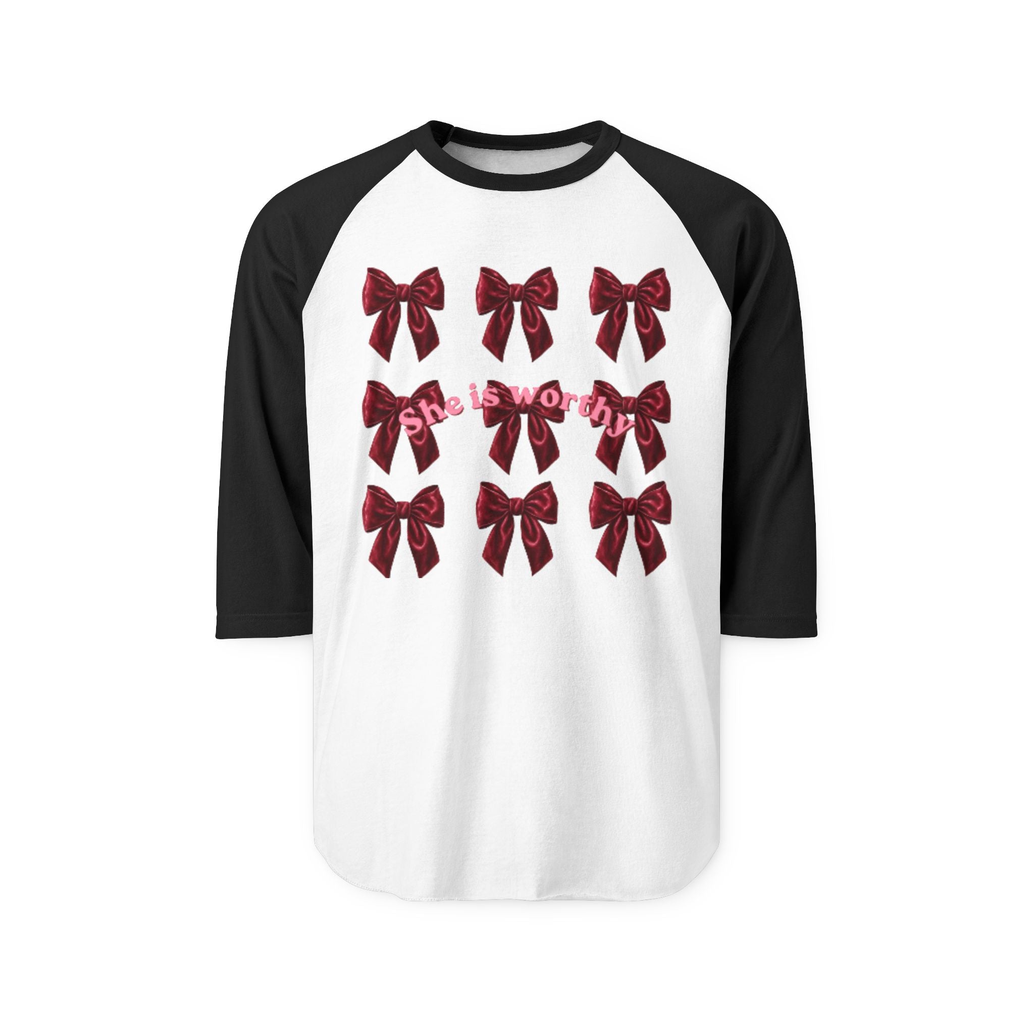She Is Worthy Raglan Shirt – Empowerment Baseball Tee with Red Bows