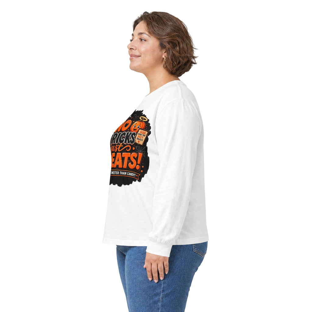 Halloween Long Sleeve Tee — "No Tricks Just Treats" Graphic Shirt