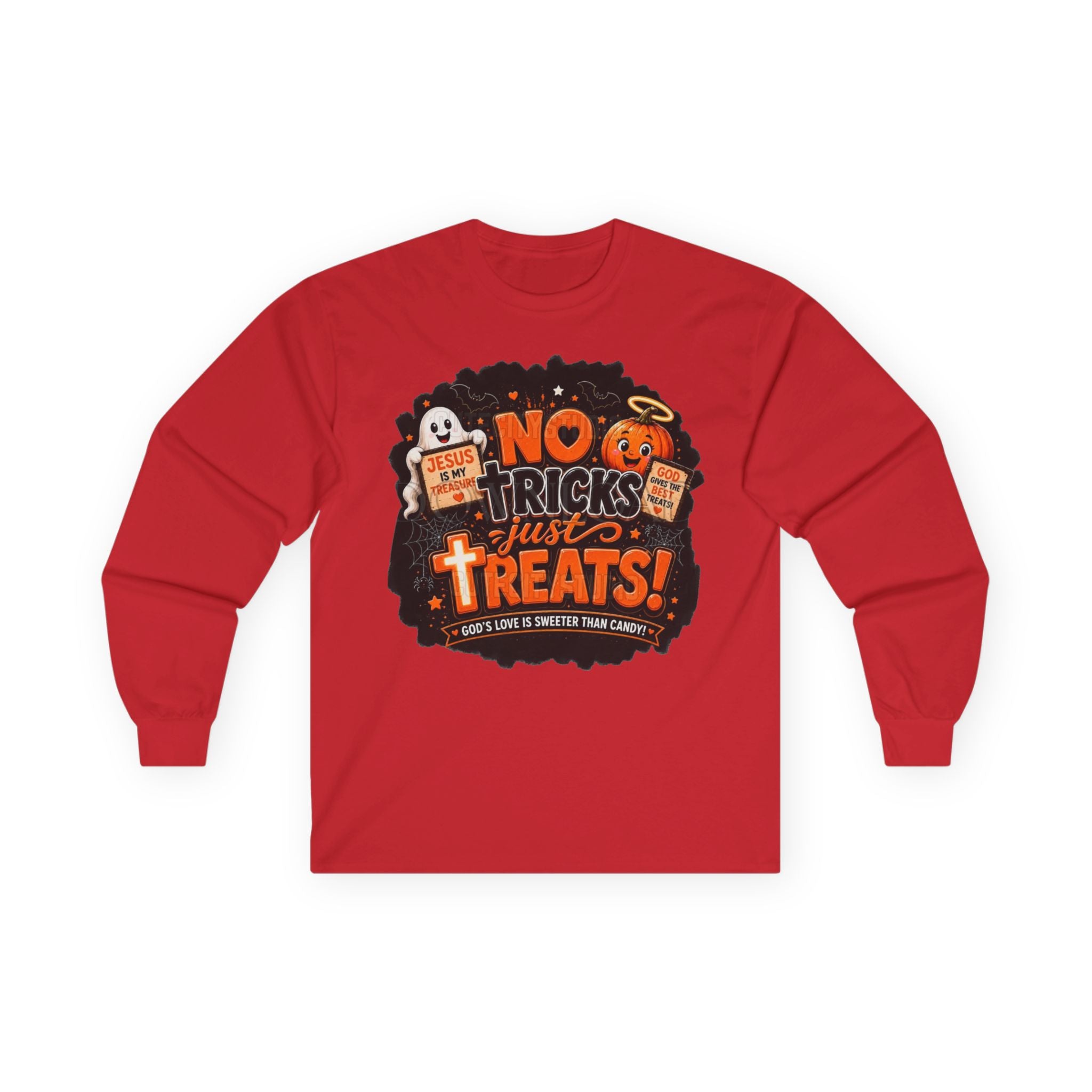 Halloween Long Sleeve Tee — "No Tricks Just Treats" Graphic Shirt