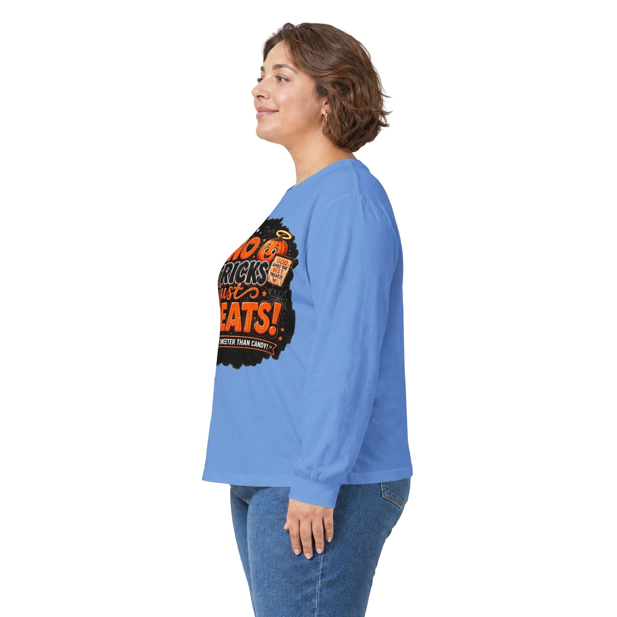 Halloween Long Sleeve Tee — "No Tricks Just Treats" Graphic Shirt