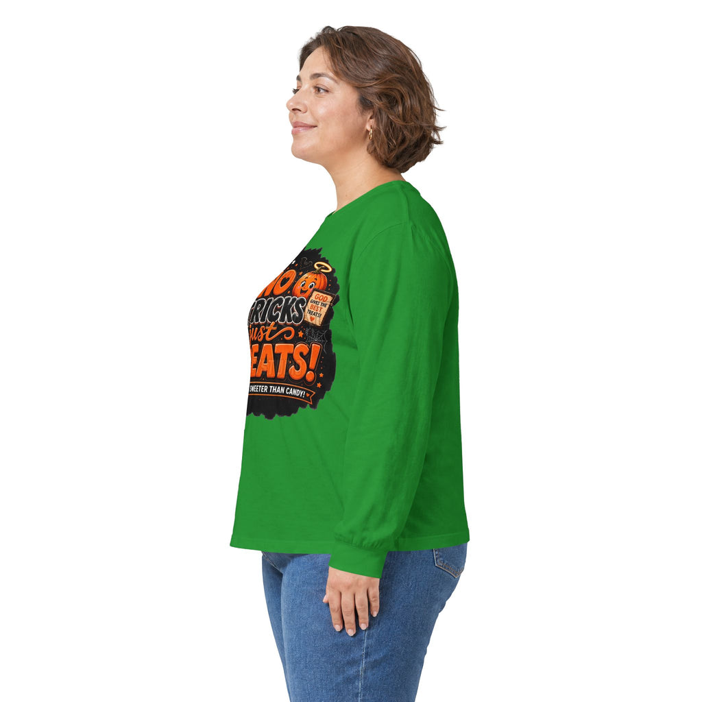 Halloween Long Sleeve Tee — "No Tricks Just Treats" Graphic Shirt