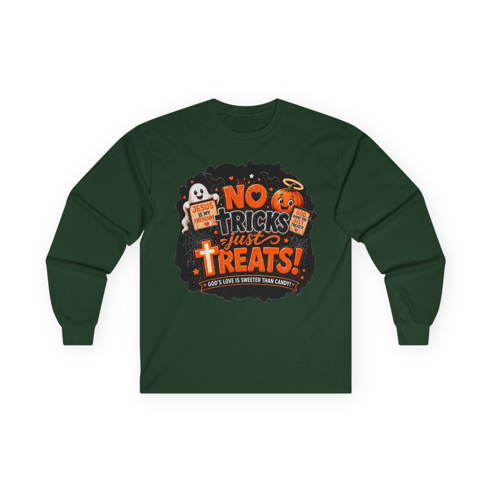 Halloween Long Sleeve Tee — "No Tricks Just Treats" Graphic Shirt
