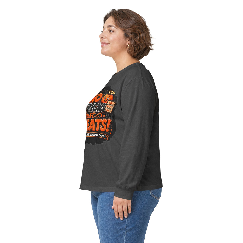 Halloween Long Sleeve Tee — "No Tricks Just Treats" Graphic Shirt